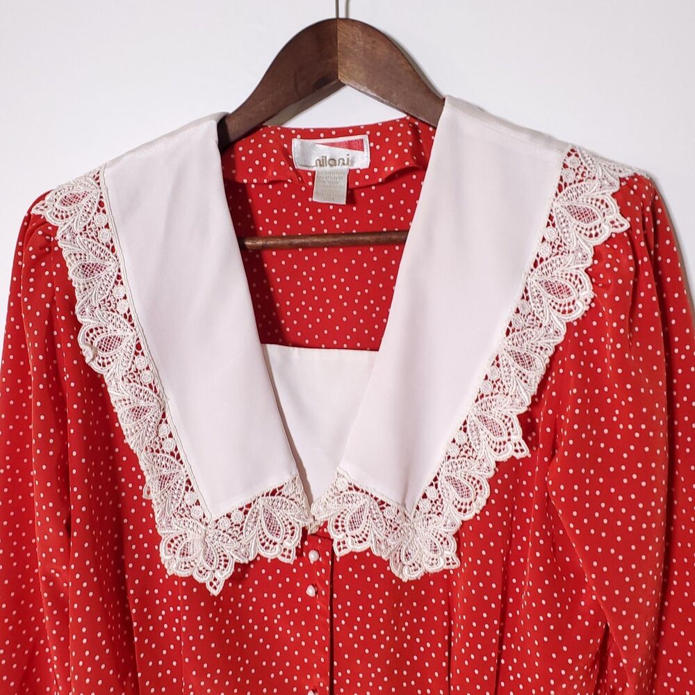 80s 70s Vintage Polka-Dot Lace Shawl Collar Skirt Set 2 Piece - Picture 2 of 15